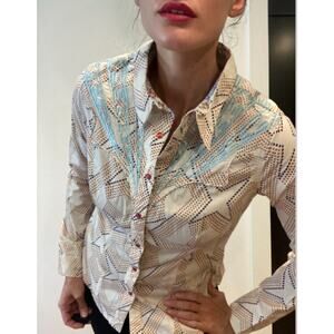 Oilily Western Embroidered Red Pearl Snap Shirt Long Sleeve Star Print Sz 42
